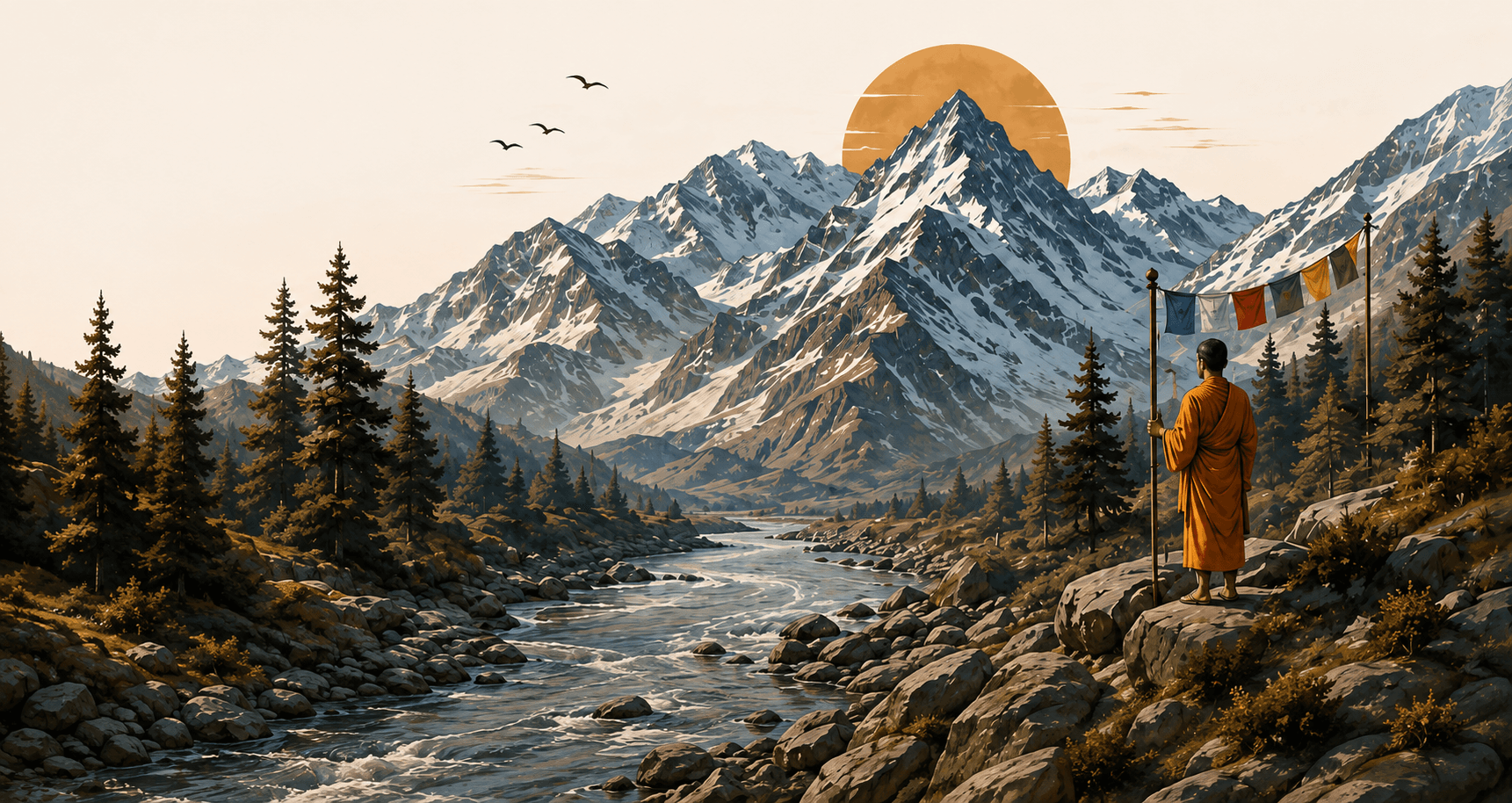 A traveler overlooking the Himalayan mountains at sunrise