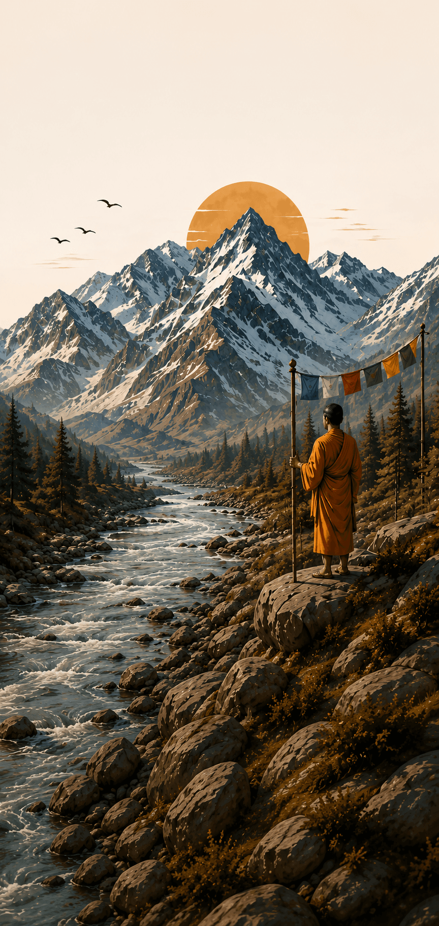 A traveler overlooking the Himalayan mountains at sunrise